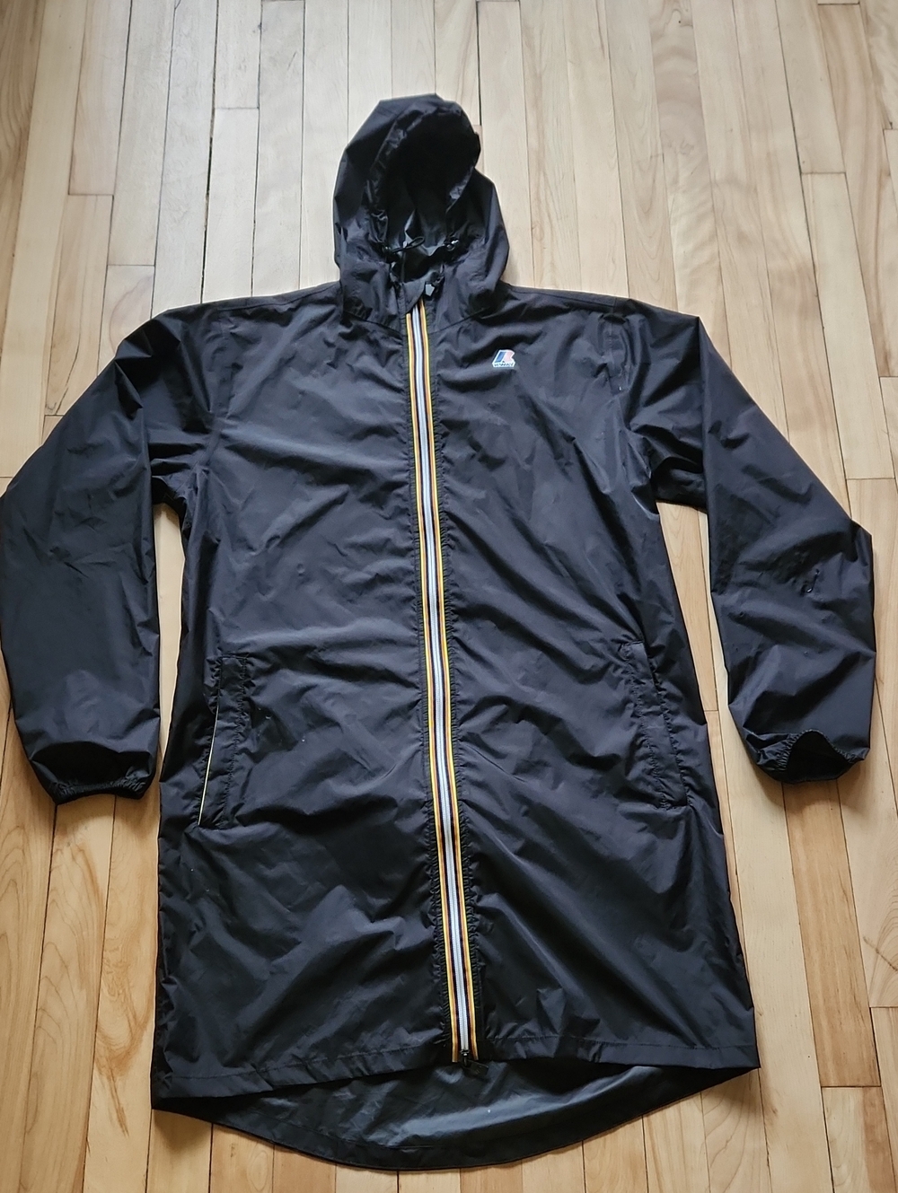 K-Way Men's Hooded Raincoat in Black with Yellow Trim